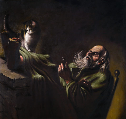 old-man-woken-up-by-a-cat-nap-by-joel-barnett-art-artwork-greenville-sc-gallery-artist-painter-painting-signed-original-oil-portrait-painted